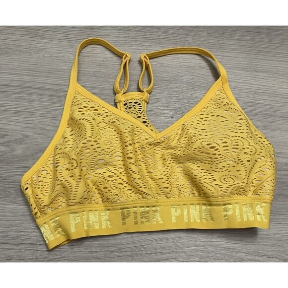 PINK Victotria’s Secret  Sports Bra Lightly Lined Lace Mesh Lounge small yellow - Picture 1 of 5